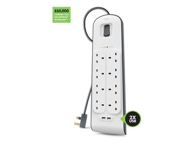 Belkin 8 Way Surge Protection Strip - 2m with 2 x 2.4 amp USB Charging