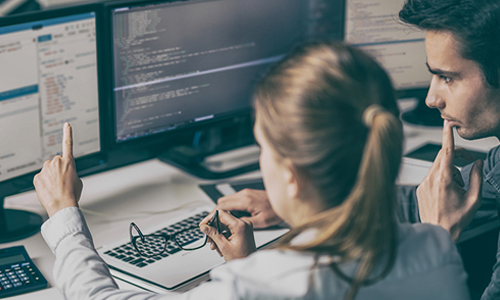 Man and women doing at desk inspection on a computer