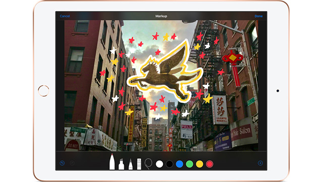 Ipad showing an edited photo of a street using Camera