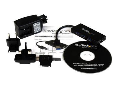 StarTech.com 3 Port Portable USB 3.0 Hub with Gigabit Ethernet Adapter NIC -  Aluminum w/ Cable