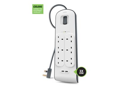 Belkin 6 Way Surge Protection Strip - 2m with 2 x 2.4 amp USB Charging