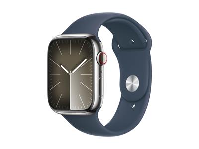 Apple Watch Series 9 GPS + Cellular 45mm Silver Stainless Steel Case with Storm Blue Sport Band S/M